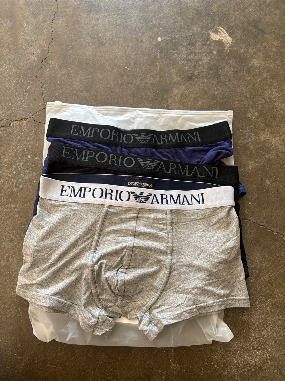 Emporio Armani Boxer Briefs 3-Pack in Gray, Navy, and Black Waistbands
